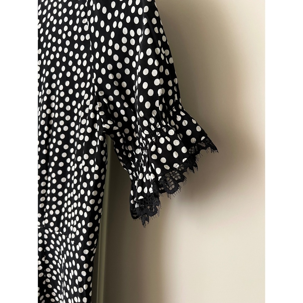 Talbots Polka Dot Lace Trim Midi Dress Black White V-Neck Short Sleeve NWT Sz 2 - Picture 5 of 15